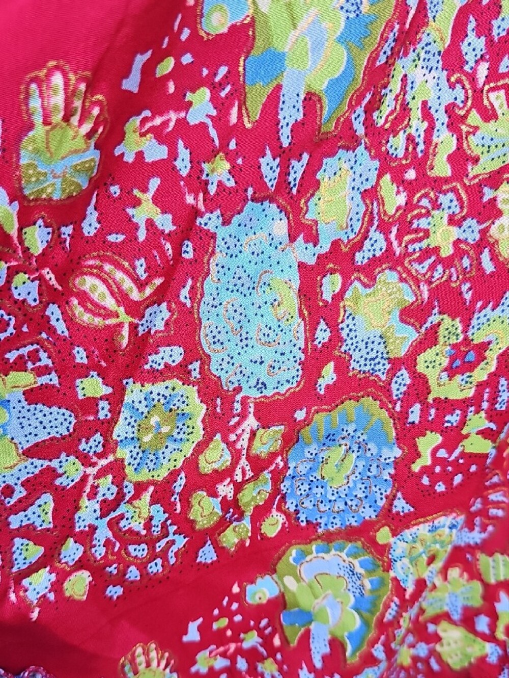 Bohemian Blue Floral SILK Maxi Dress with Red Accent - Picture 7 of 13